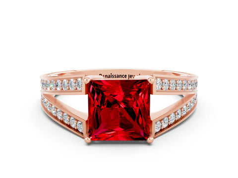 Rose gold Princess Cut Ruby Split Shank Ring with Pavé Band and Four-Prong Setting