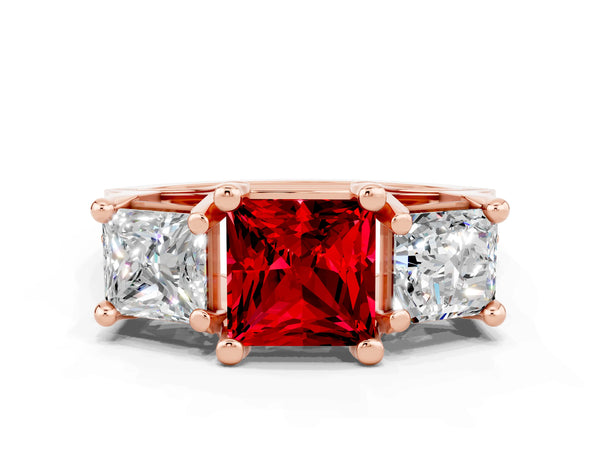 Rose gold Princess Cut Ruby Three-Stone Ring with Channel Set Band and Four-Prong Setting