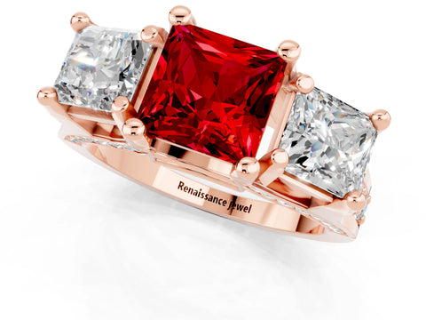Rose gold Princess Cut Ruby Three-Stone Ring with Channel Set Band and Four-Prong Setting_1