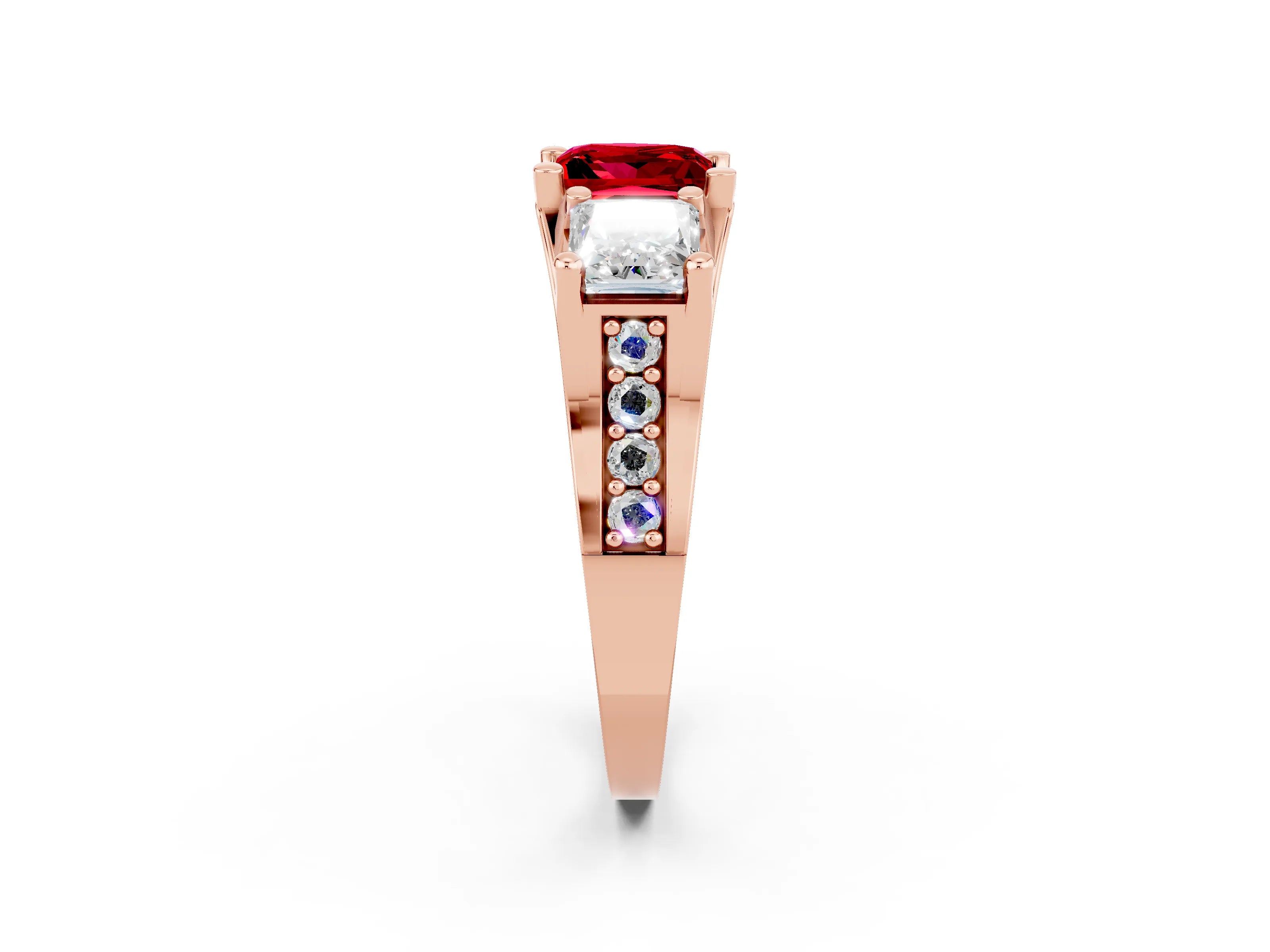 Rose gold Princess Cut Ruby Three-Stone Ring with Channel Set Band and Four-Prong Setting_2