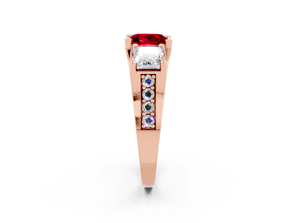 Rose gold Princess Cut Ruby Three-Stone Ring with Channel Set Band and Four-Prong Setting
