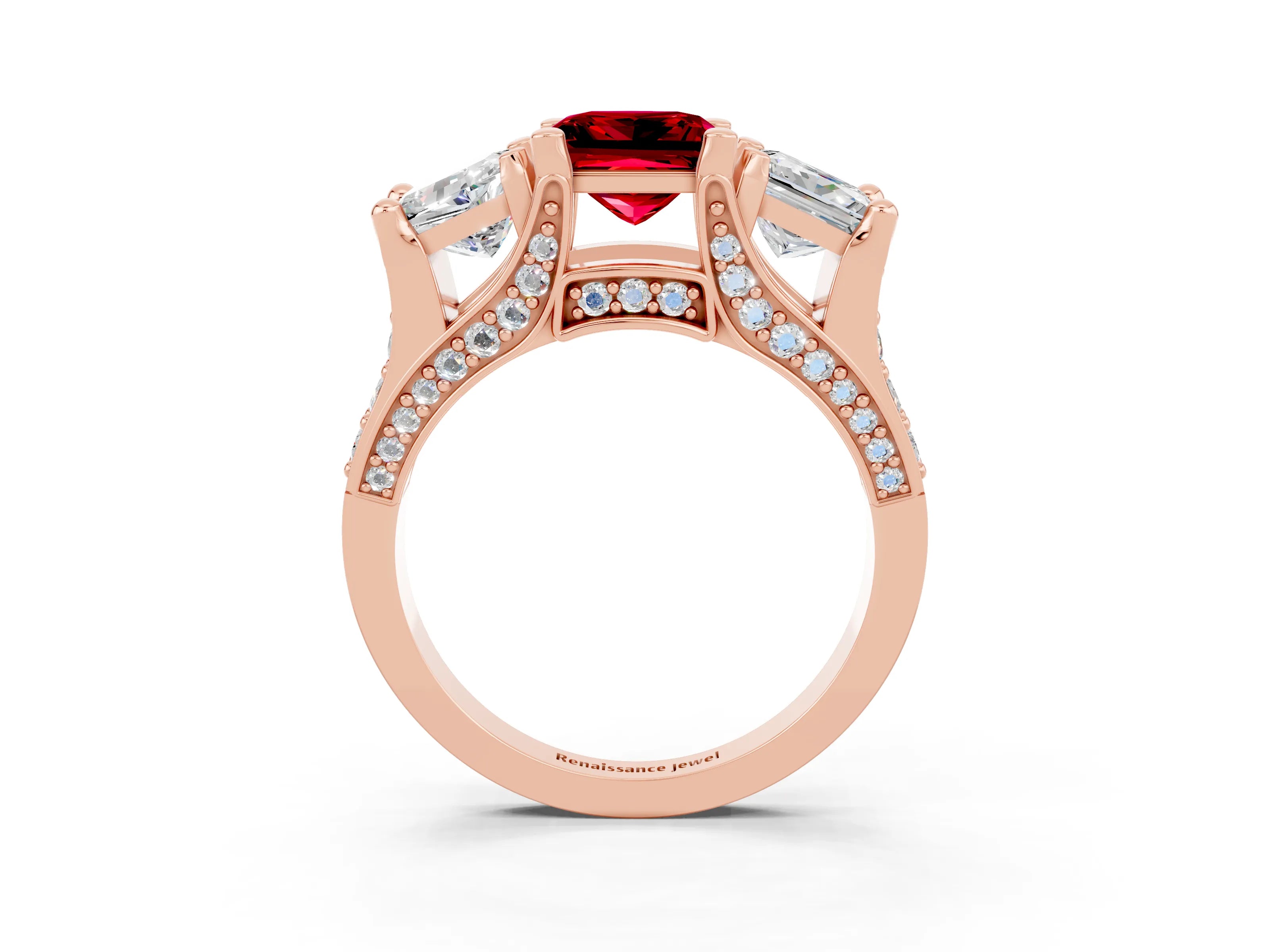 Rose gold Princess Cut Ruby Three-Stone Ring with Channel Set Band and Four-Prong Setting_3