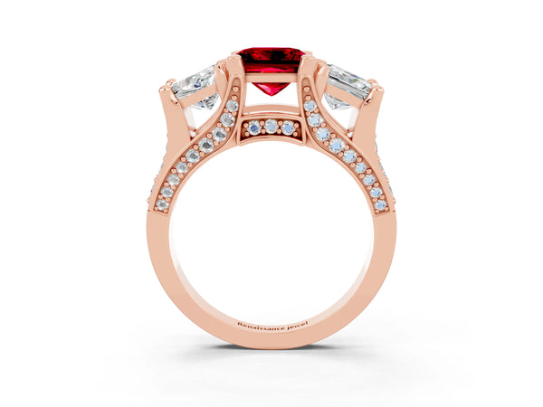 Rose gold Princess Cut Ruby Three-Stone Ring with Channel Set Band and Four-Prong Setting