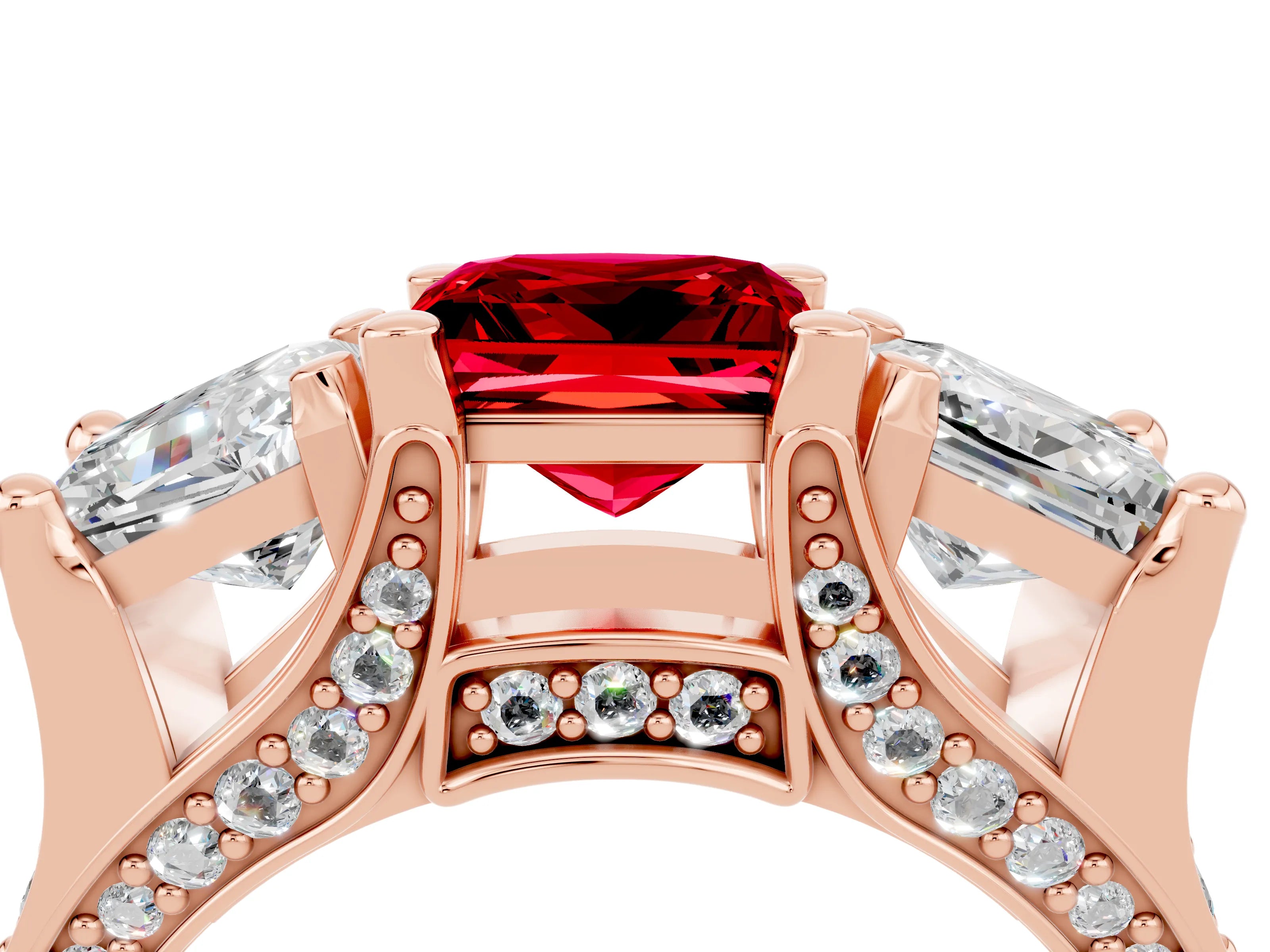 Rose gold Princess Cut Ruby Three-Stone Ring with Channel Set Band and Four-Prong Setting_4