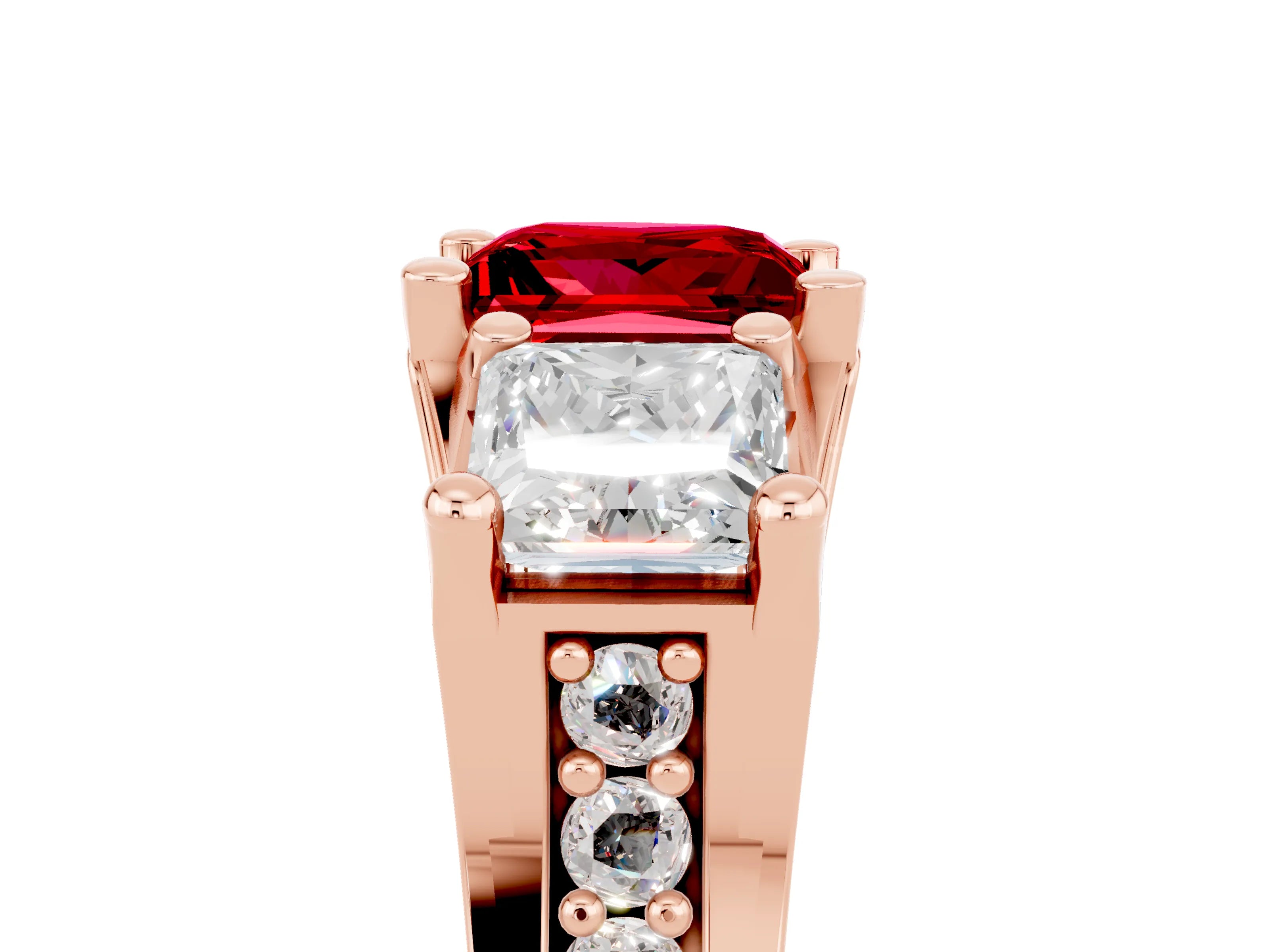 Rose gold Princess Cut Ruby Three-Stone Ring with Channel Set Band and Four-Prong Setting_5