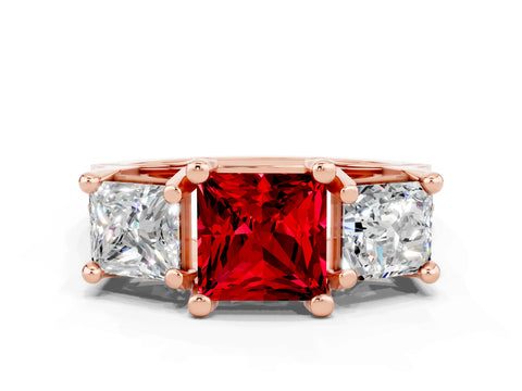 Rose gold Princess Cut Ruby Three-Stone Ring with Channel Set Band and Four-Prong Setting
