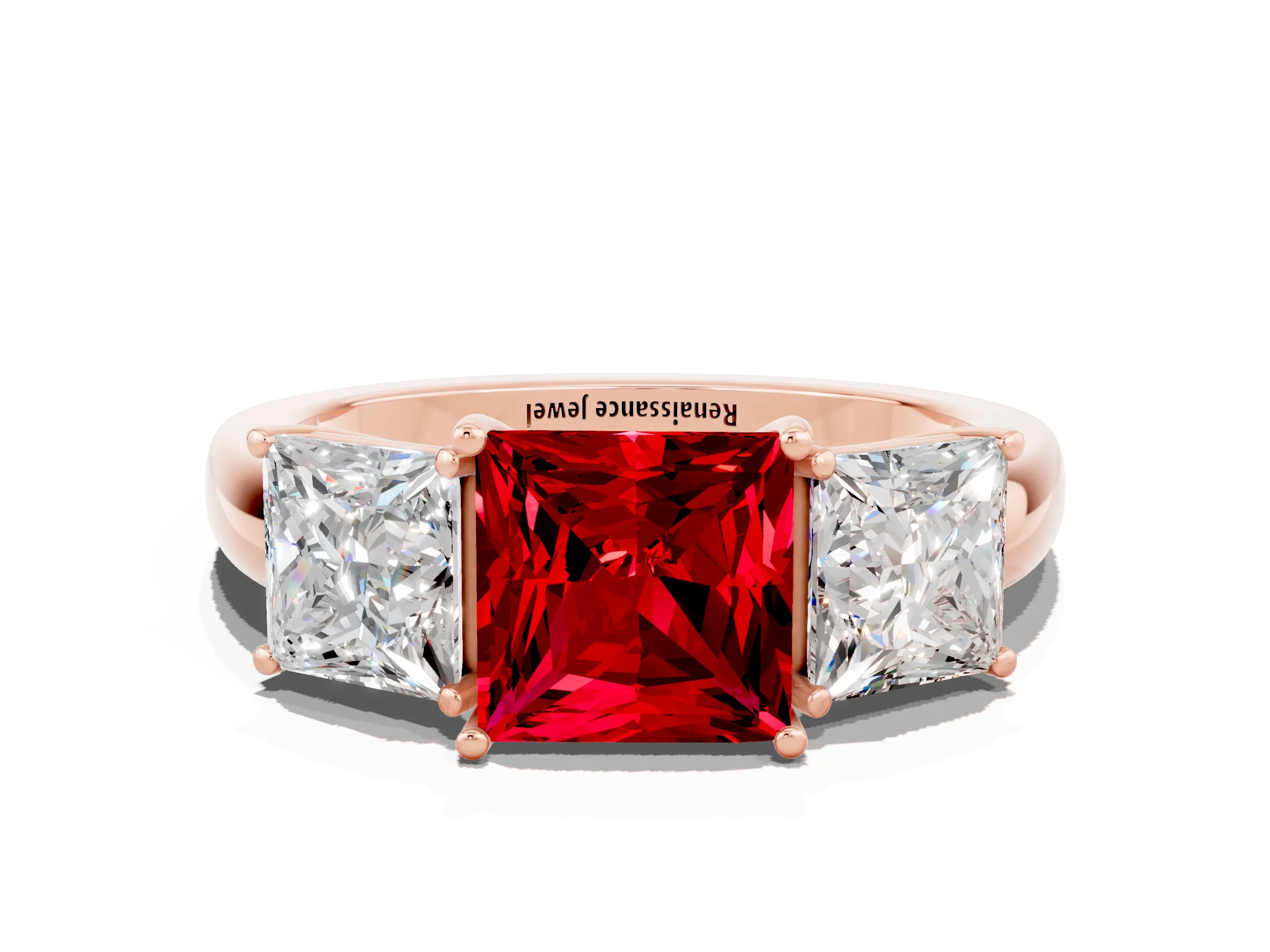 Rose gold Princess Cut Ruby Three-Stone Ring with Four-Prong Setting and Classic Band