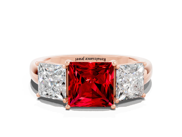 Rose gold Princess Cut Ruby Three-Stone Ring with Four-Prong Setting and Classic Band