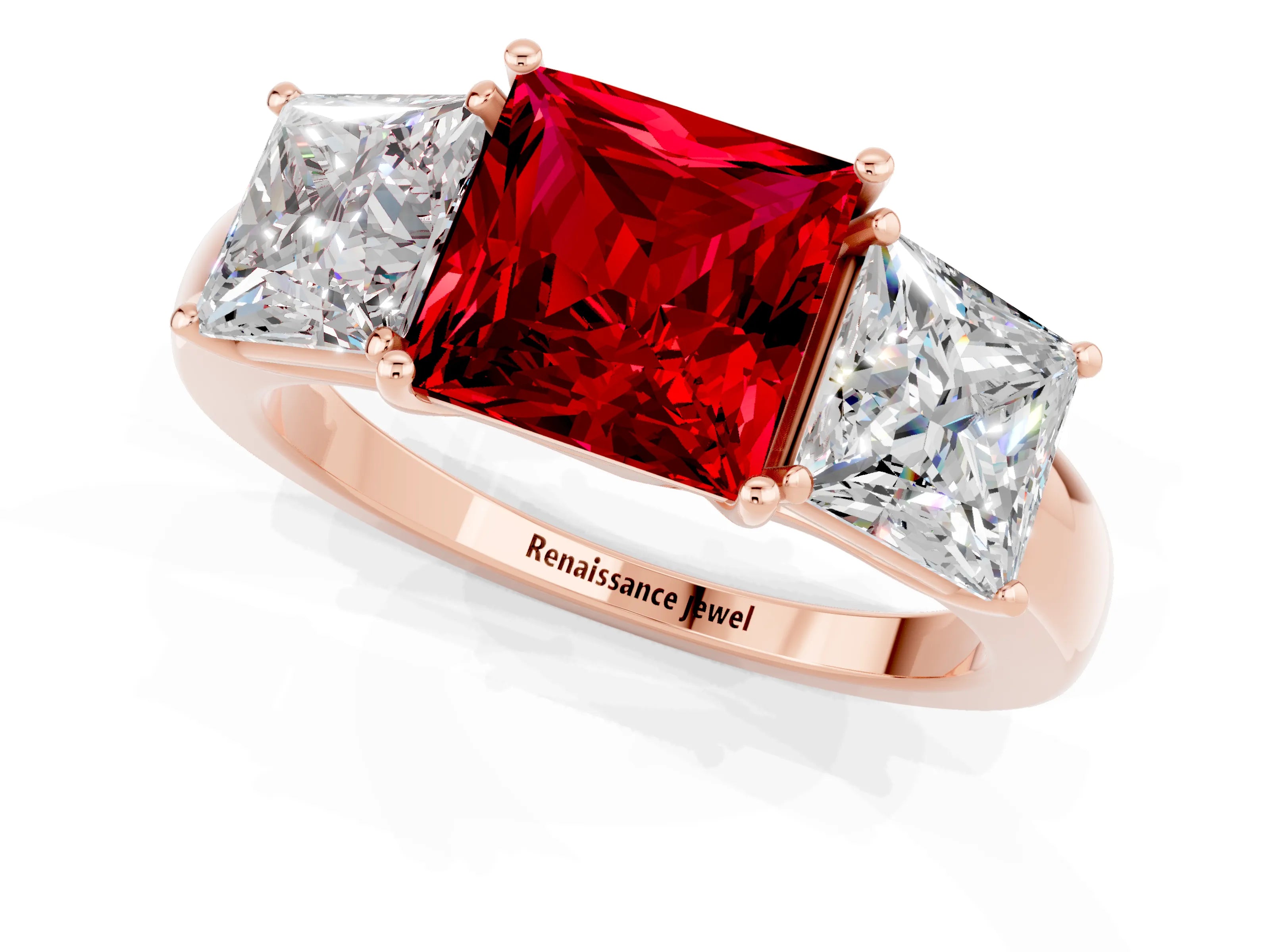 Rose gold Princess Cut Ruby Three-Stone Ring with Four-Prong Setting and Classic Band_1