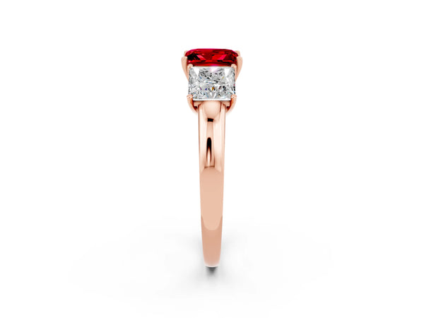 Rose gold Princess Cut Ruby Three-Stone Ring with Four-Prong Setting and Classic Band