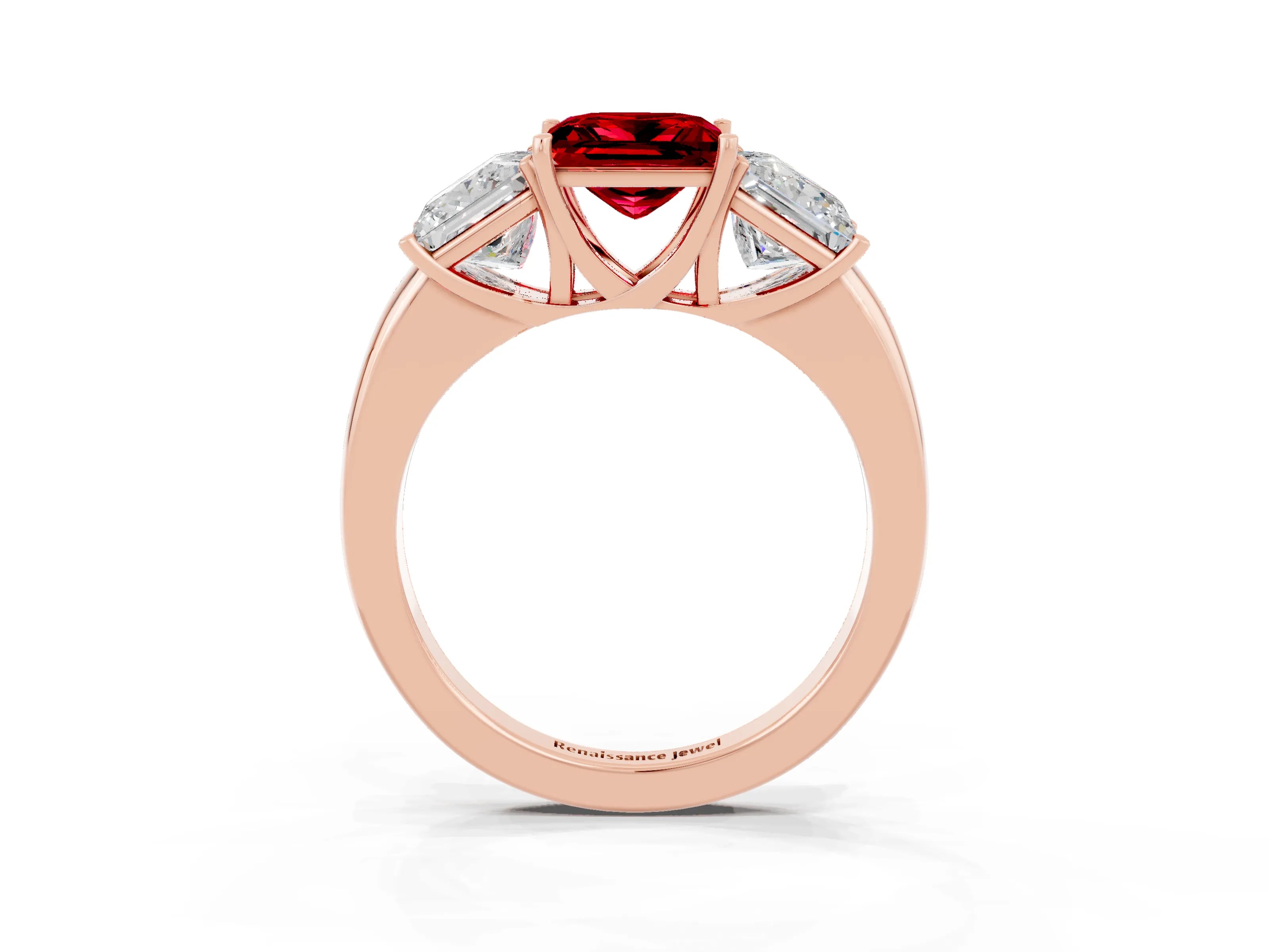 Rose gold Princess Cut Ruby Three-Stone Ring with Four-Prong Setting and Classic Band_3