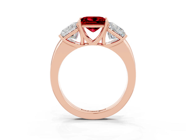 Rose gold Princess Cut Ruby Three-Stone Ring with Four-Prong Setting and Classic Band