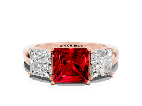 Rose gold Princess Cut Ruby Three-Stone Ring with Four-Prong Setting and Classic Band