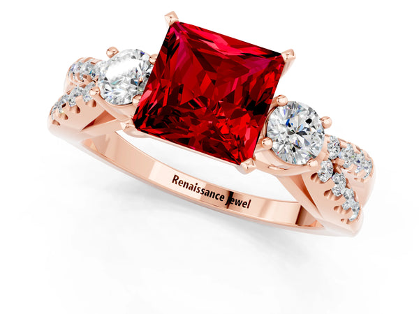 Rose gold Princess Cut Ruby Three-Stone Ring with Pavé Split Shank and Four-Prong Setting