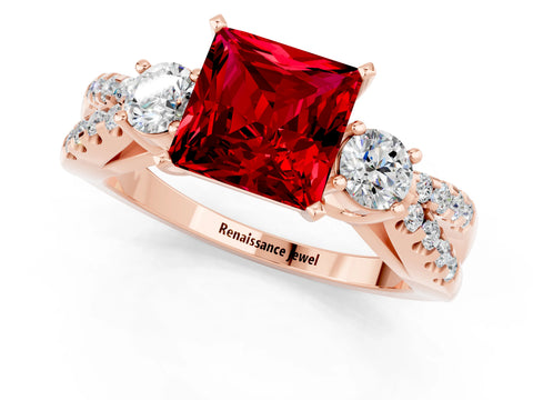Rose gold Princess Cut Ruby Three-Stone Ring with Pavé Split Shank and Four-Prong Setting_1
