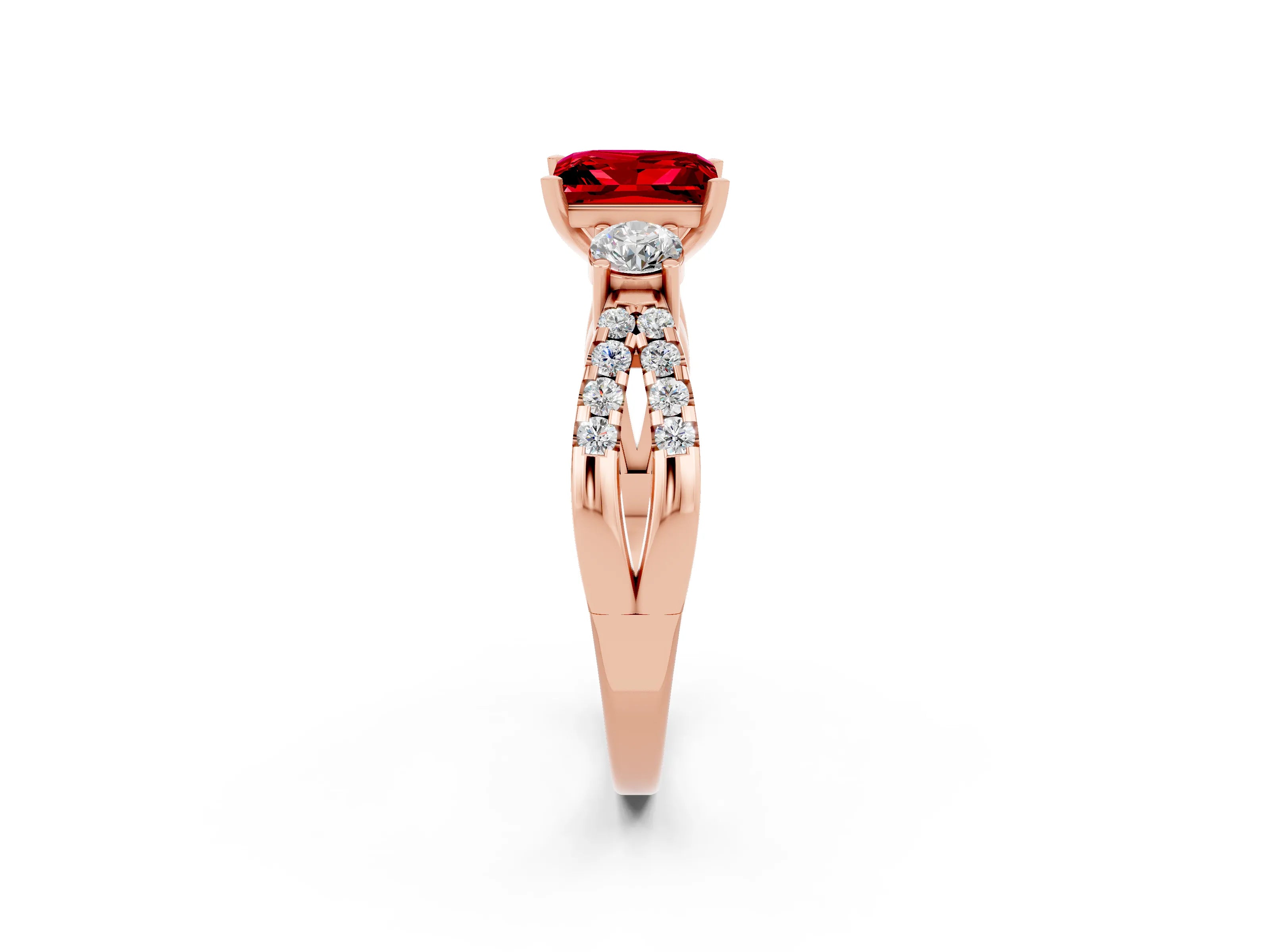 Rose gold Princess Cut Ruby Three-Stone Ring with Pavé Split Shank and Four-Prong Setting_2