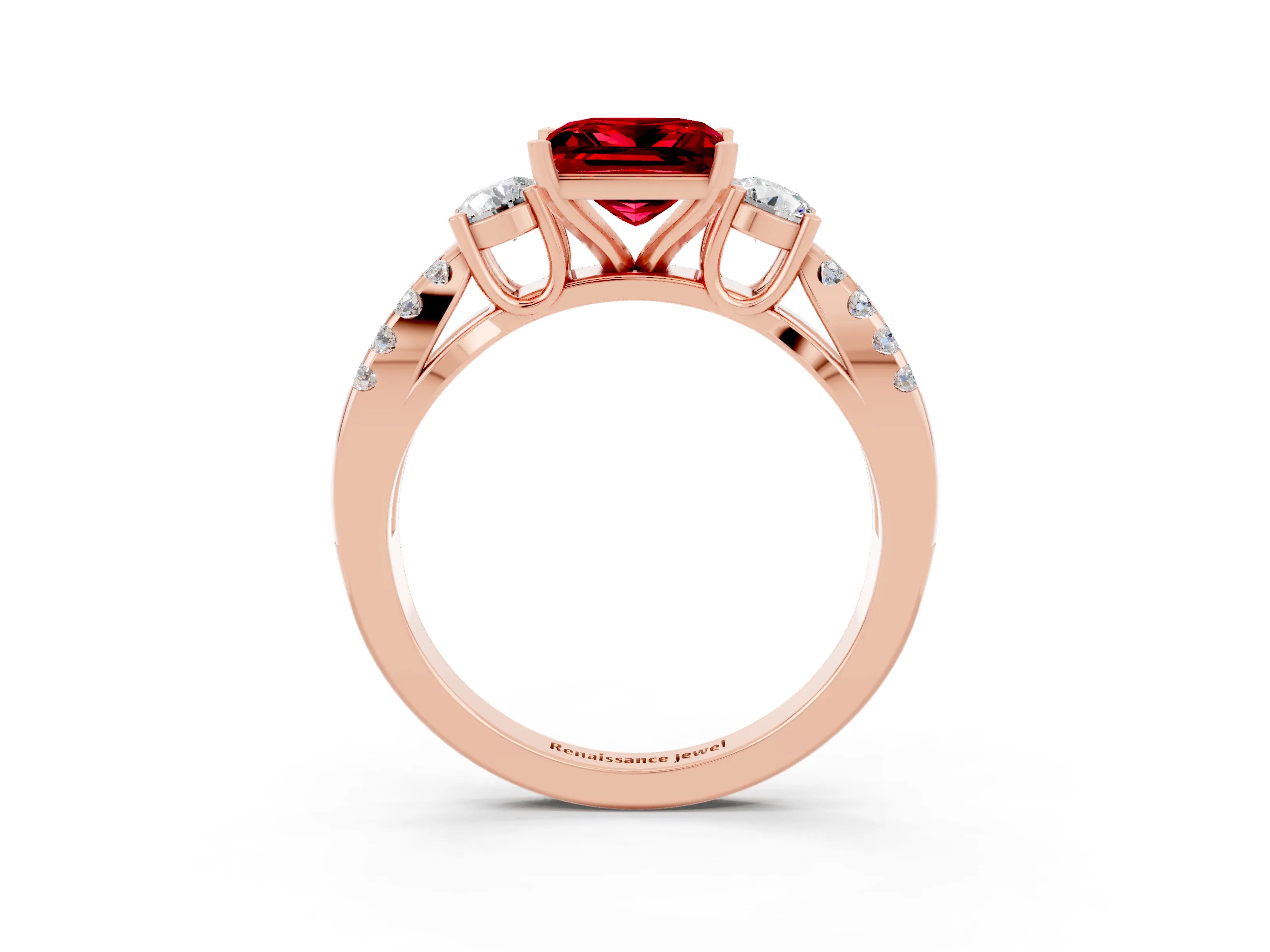 Rose gold Princess Cut Ruby Three-Stone Ring with Pavé Split Shank and Four-Prong Setting_3