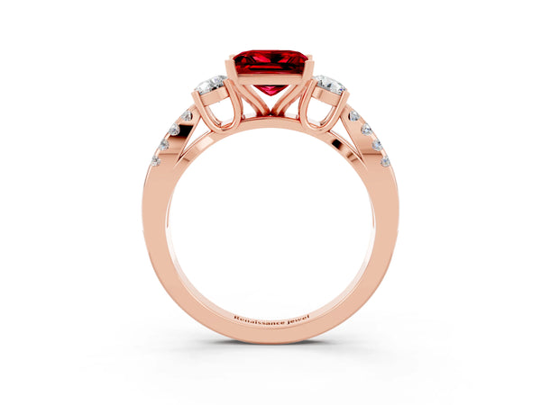 Rose gold Princess Cut Ruby Three-Stone Ring with Pavé Split Shank and Four-Prong Setting