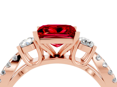 Rose gold Princess Cut Ruby Three-Stone Ring with Pavé Split Shank and Four-Prong Setting_4