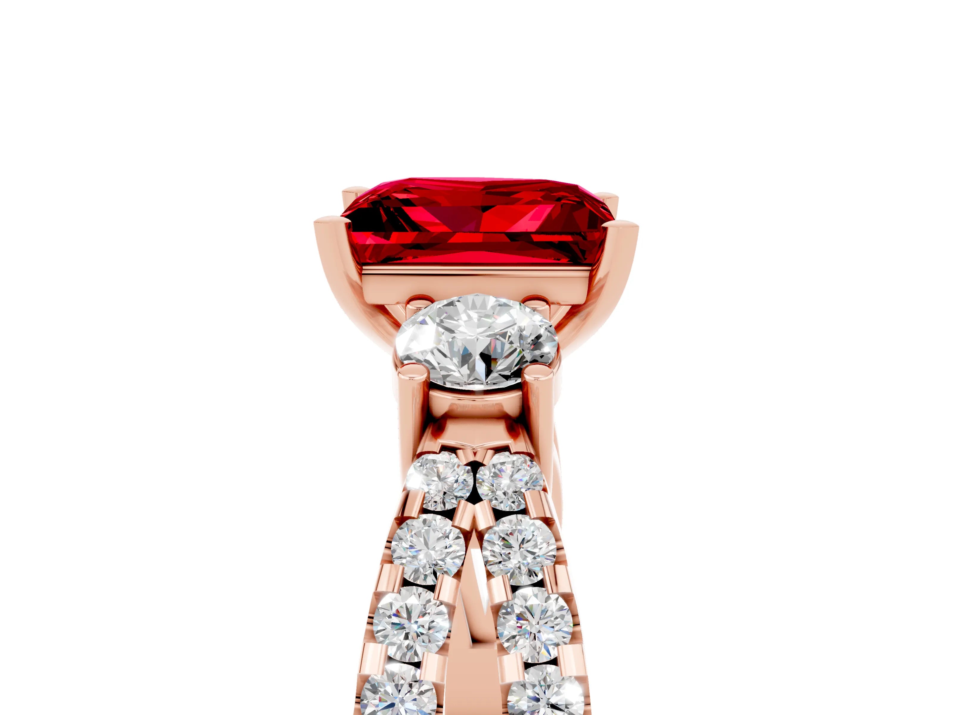 Rose gold Princess Cut Ruby Three-Stone Ring with Pavé Split Shank and Four-Prong Setting_5
