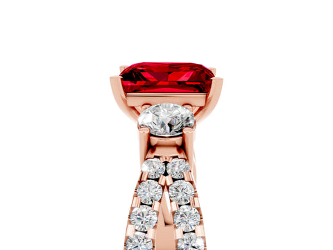 Rose gold Princess Cut Ruby Three-Stone Ring with Pavé Split Shank and Four-Prong Setting_5