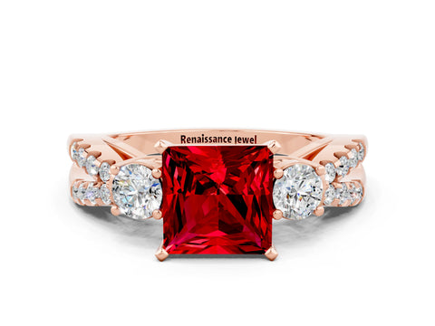 Rose gold Princess Cut Ruby Three-Stone Ring with Pavé Split Shank and Four-Prong Setting