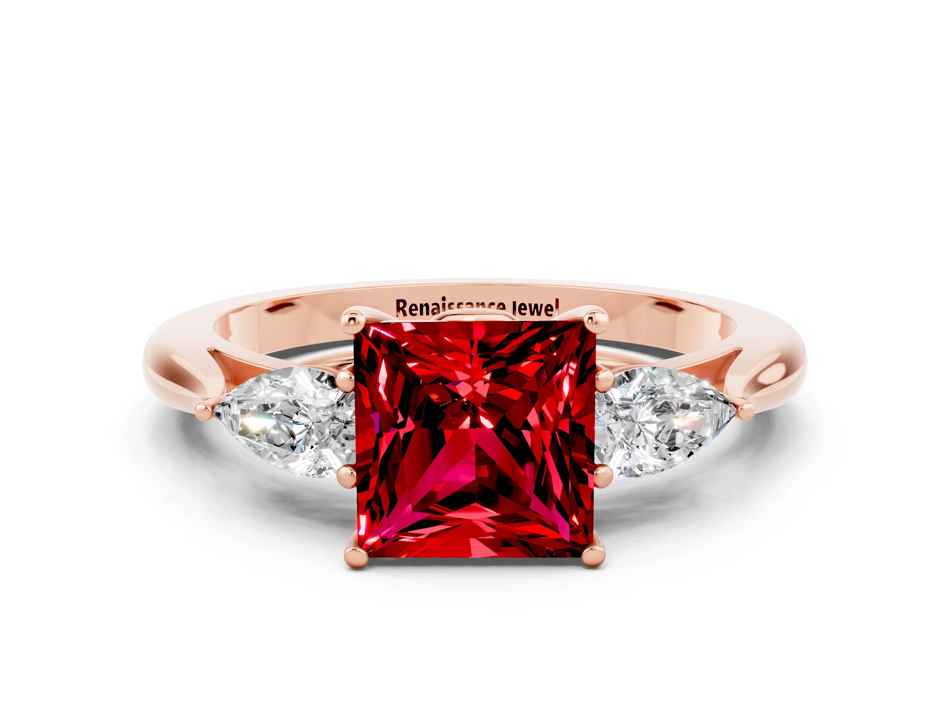 Rose gold Princess Cut Ruby Three-Stone Ring with Pear Side Stones and Four-Prong Setting_12