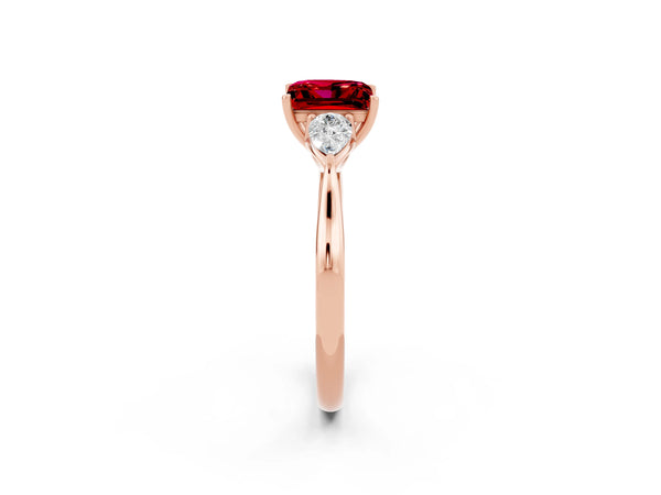Rose gold Princess Cut Ruby Three-Stone Ring with Pear  Side Stones and Prong Setting