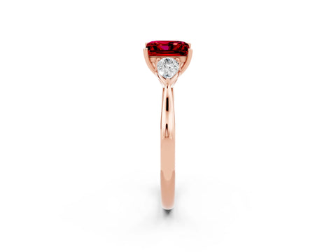 Rose gold Princess Cut Ruby Three-Stone Ring with Pear Side Stones and Four-Prong Setting_14