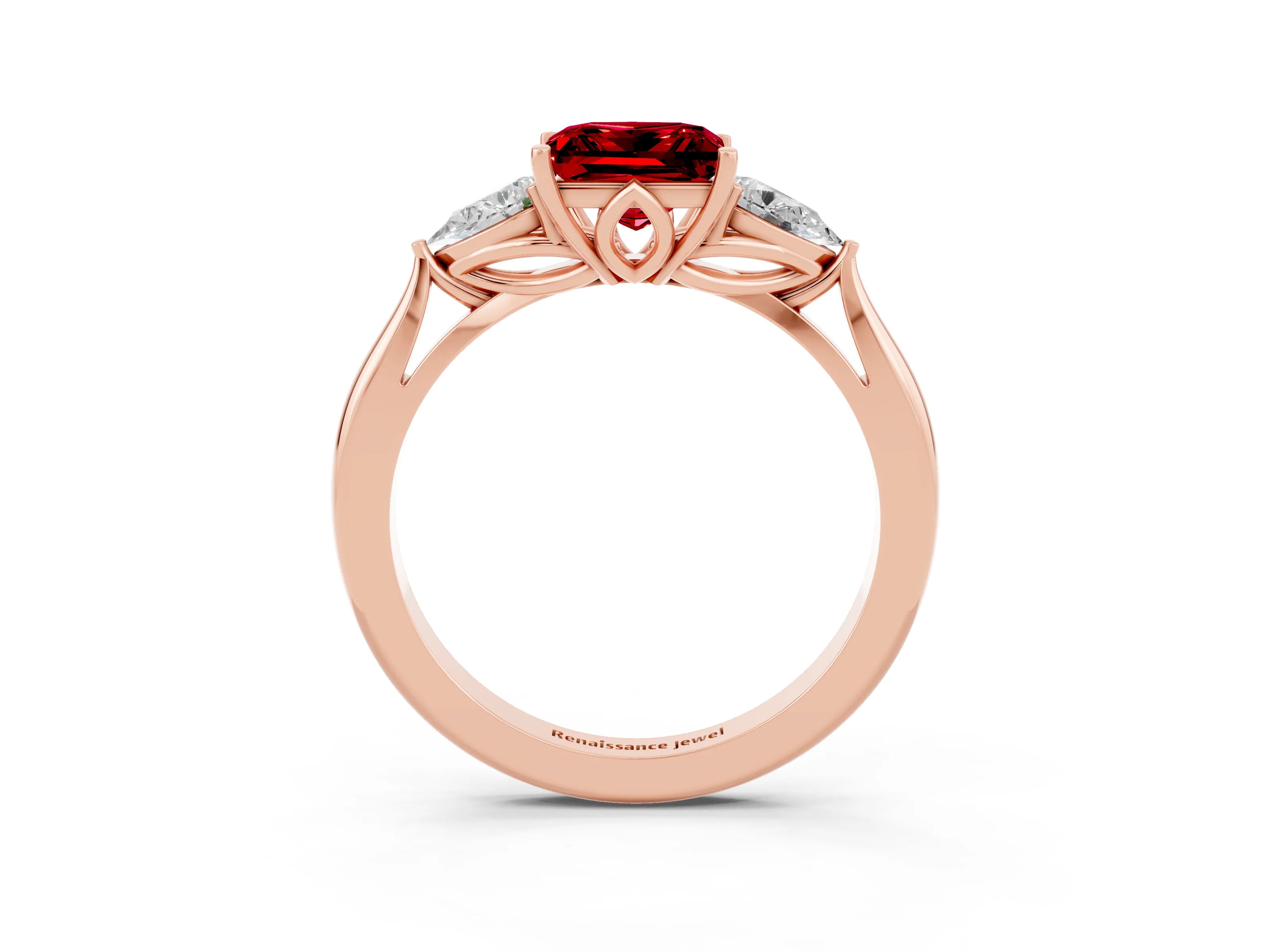 Rose gold Princess Cut Ruby Three-Stone Ring with Pear Side Stones and Four-Prong Setting_15
