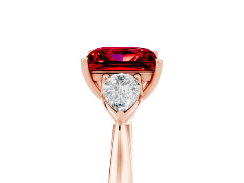 Rose gold Princess Cut Ruby Three-Stone Ring with Pear Side Stones and Four-Prong Setting_17
