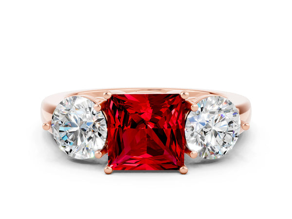 Rose gold Princess Cut Ruby Three-Stone Ring with Prong Setting and Classic Band