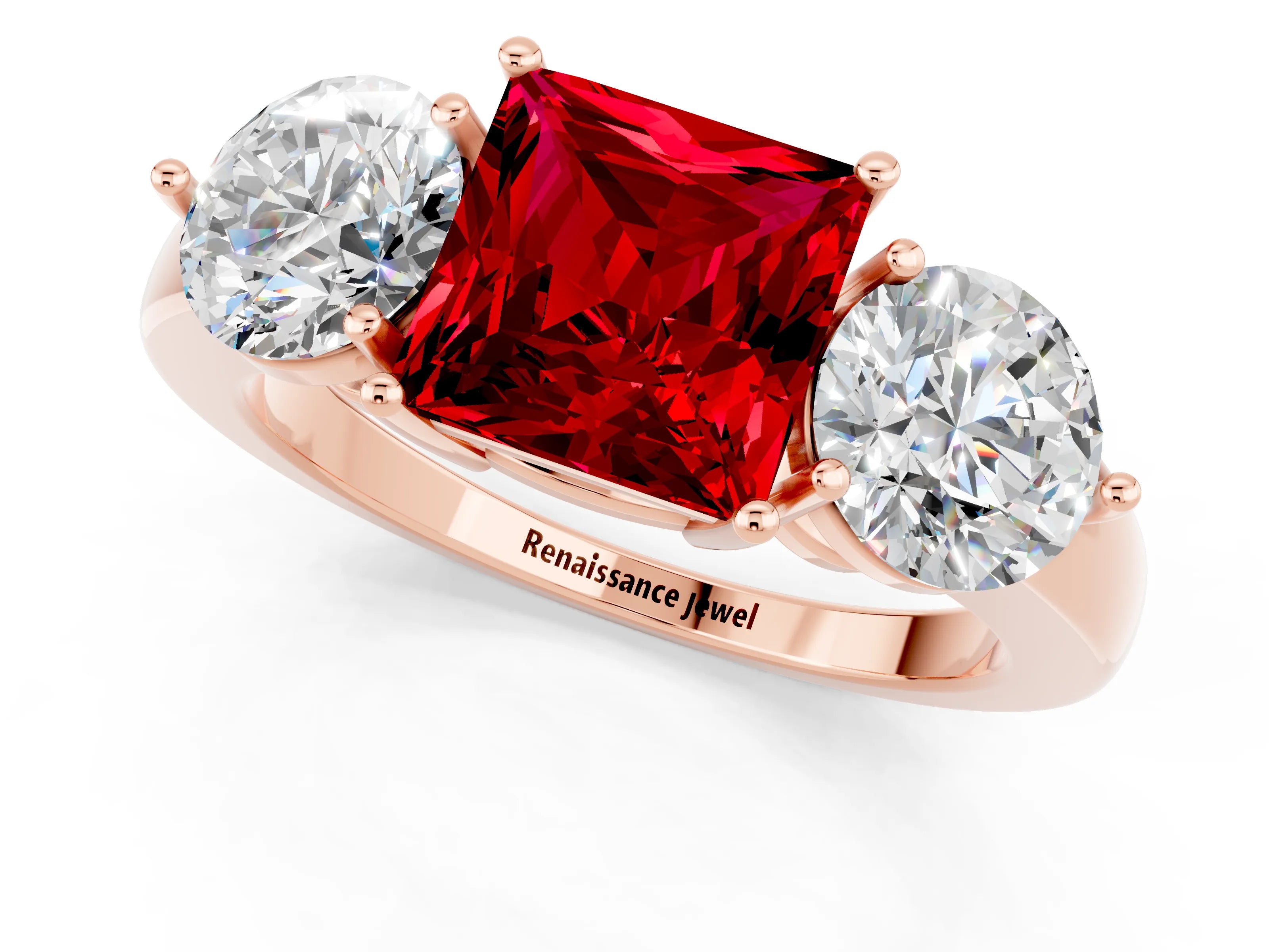 Rose gold Princess Cut Ruby Three-Stone Ring with Prong Setting and Classic Band_1