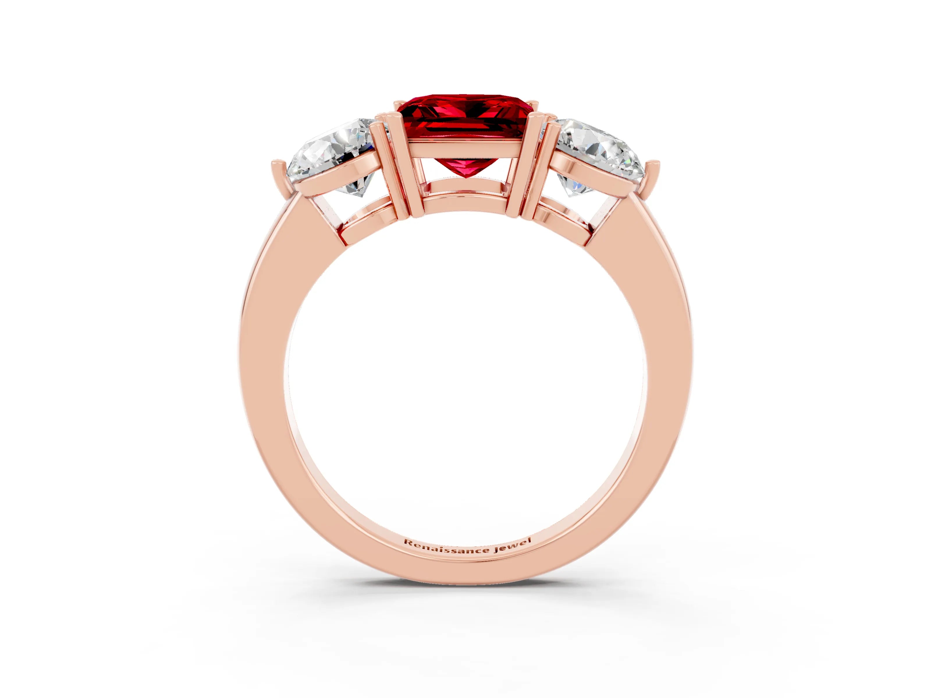 Rose gold Princess Cut Ruby Three-Stone Ring with Prong Setting and Classic Band_3