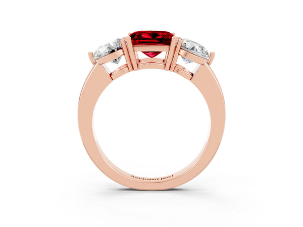 Rose gold Princess Cut Ruby Three-Stone Ring with Prong Setting and Classic Band