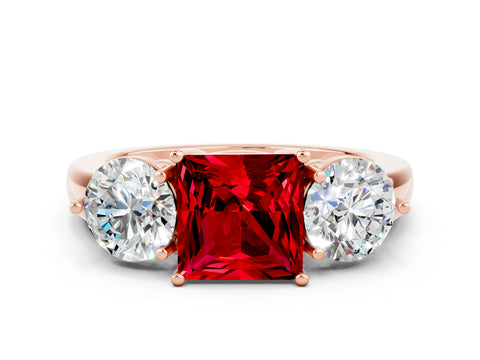Rose gold Princess Cut Ruby Three-Stone Ring with Prong Setting and Classic Band