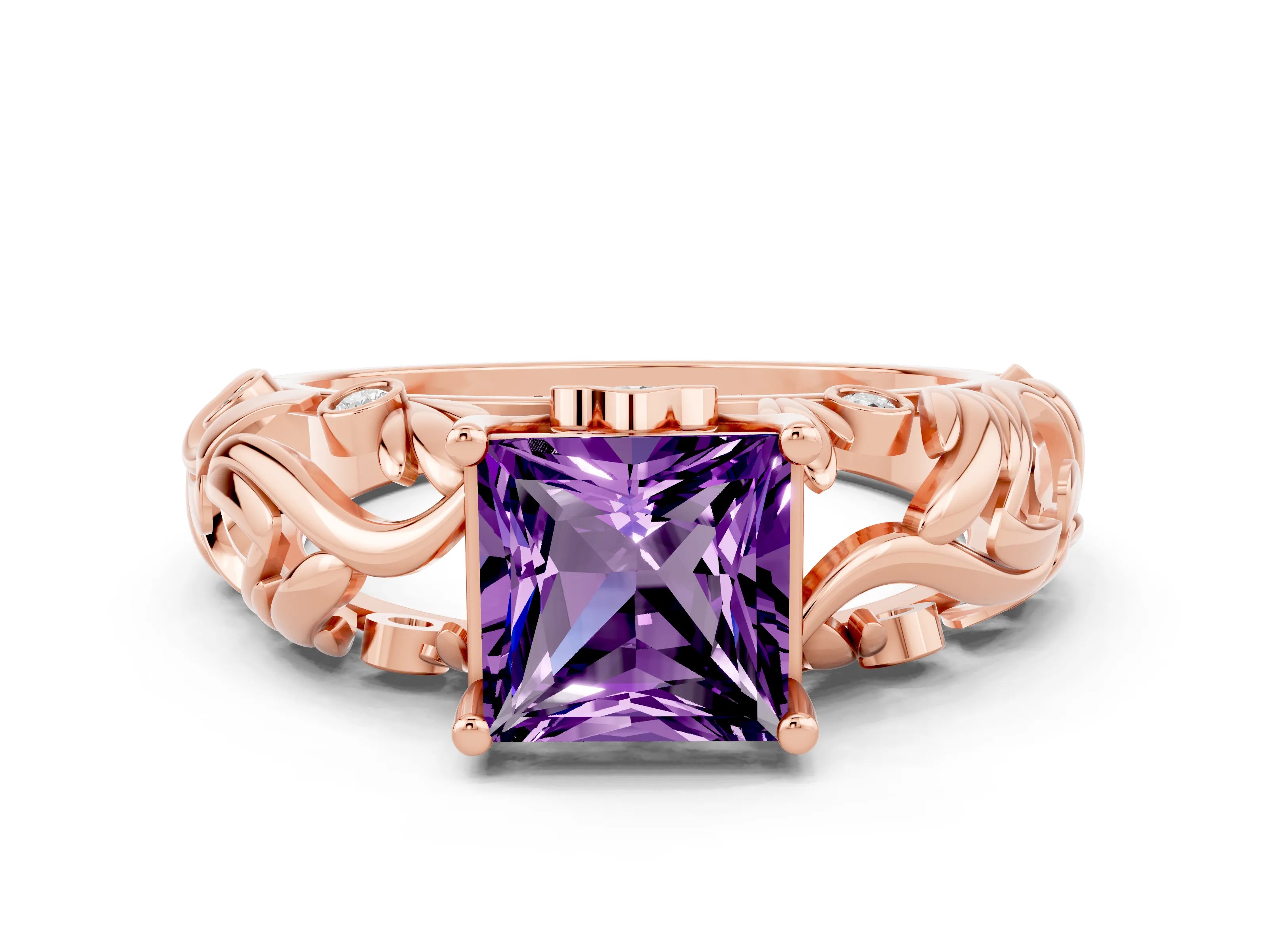 Rose gold Princess Cut Solitaire Amethyst Leaf-Inspired Vine Band Ring with Prong Setting