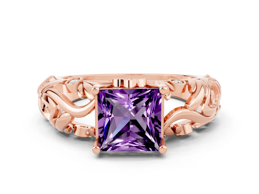 Rose gold Princess Cut Solitaire Amethyst Leaf-Inspired Vine Band Ring with Prong Setting