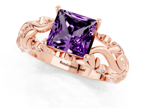Rose gold Princess Cut Solitaire Amethyst Leaf-Inspired Vine Band Ring with Prong Setting
