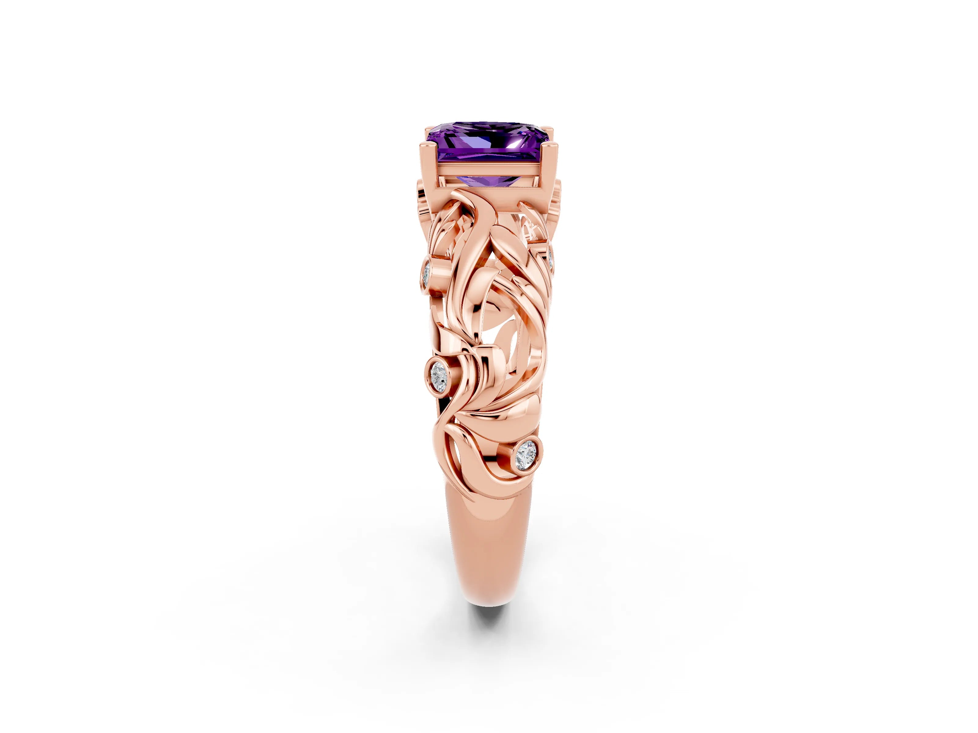 Rose gold Princess Cut Solitaire Amethyst Leaf-Inspired Vine Band Ring with Prong Setting_2