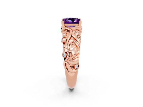 Rose gold Princess Cut Solitaire Amethyst Leaf-Inspired Vine Band Ring with Prong Setting_2