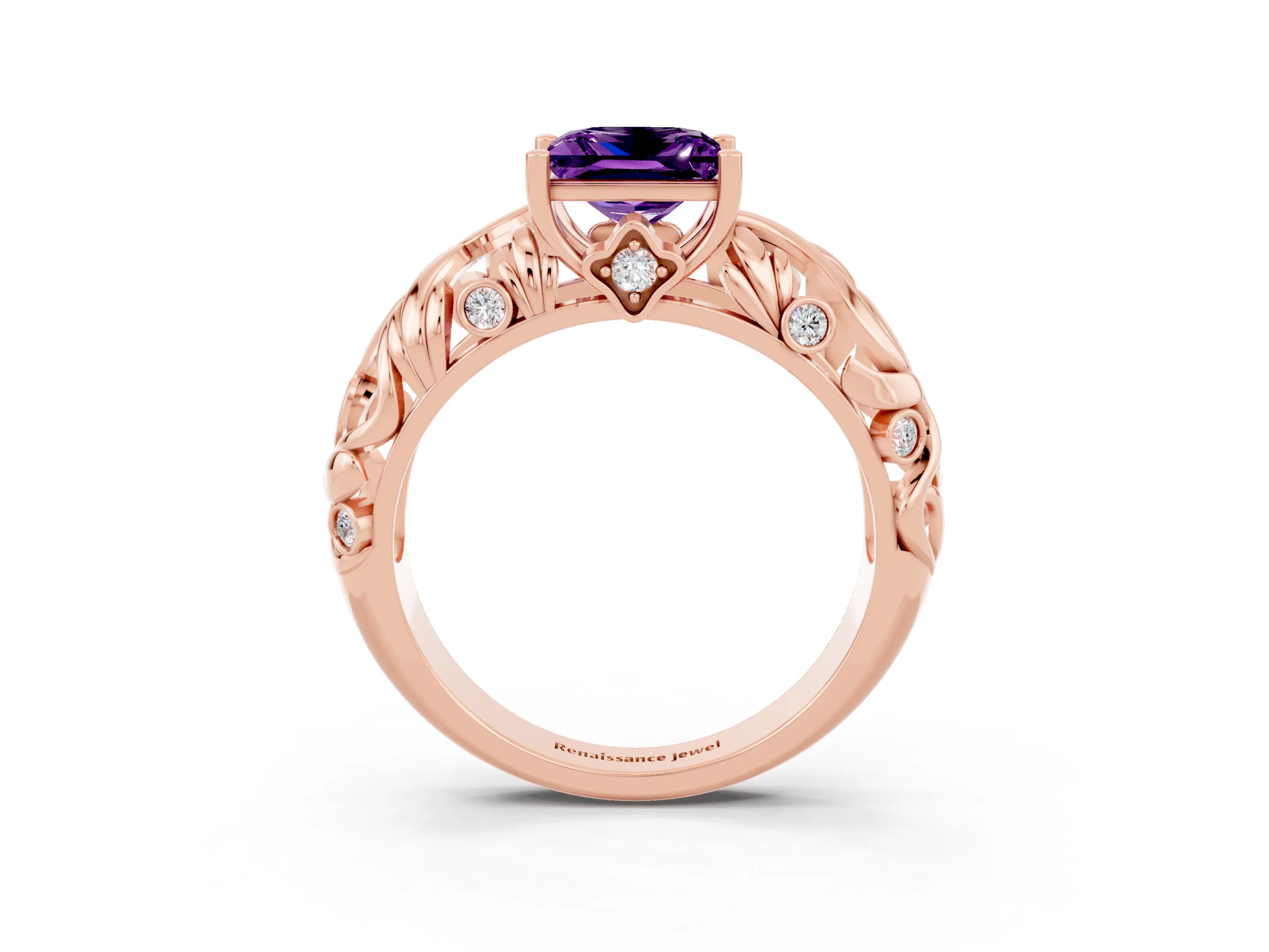 Rose gold Princess Cut Solitaire Amethyst Leaf-Inspired Vine Band Ring with Prong Setting_3