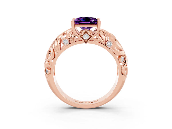 Rose gold Princess Cut Solitaire Amethyst Leaf-Inspired Vine Band Ring with Prong Setting