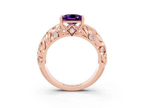 Rose gold Princess Cut Solitaire Amethyst Leaf-Inspired Vine Band Ring with Prong Setting_3