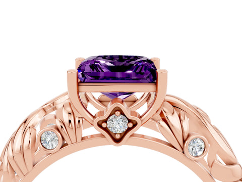 Rose gold Princess Cut Solitaire Amethyst Leaf-Inspired Vine Band Ring with Prong Setting_4
