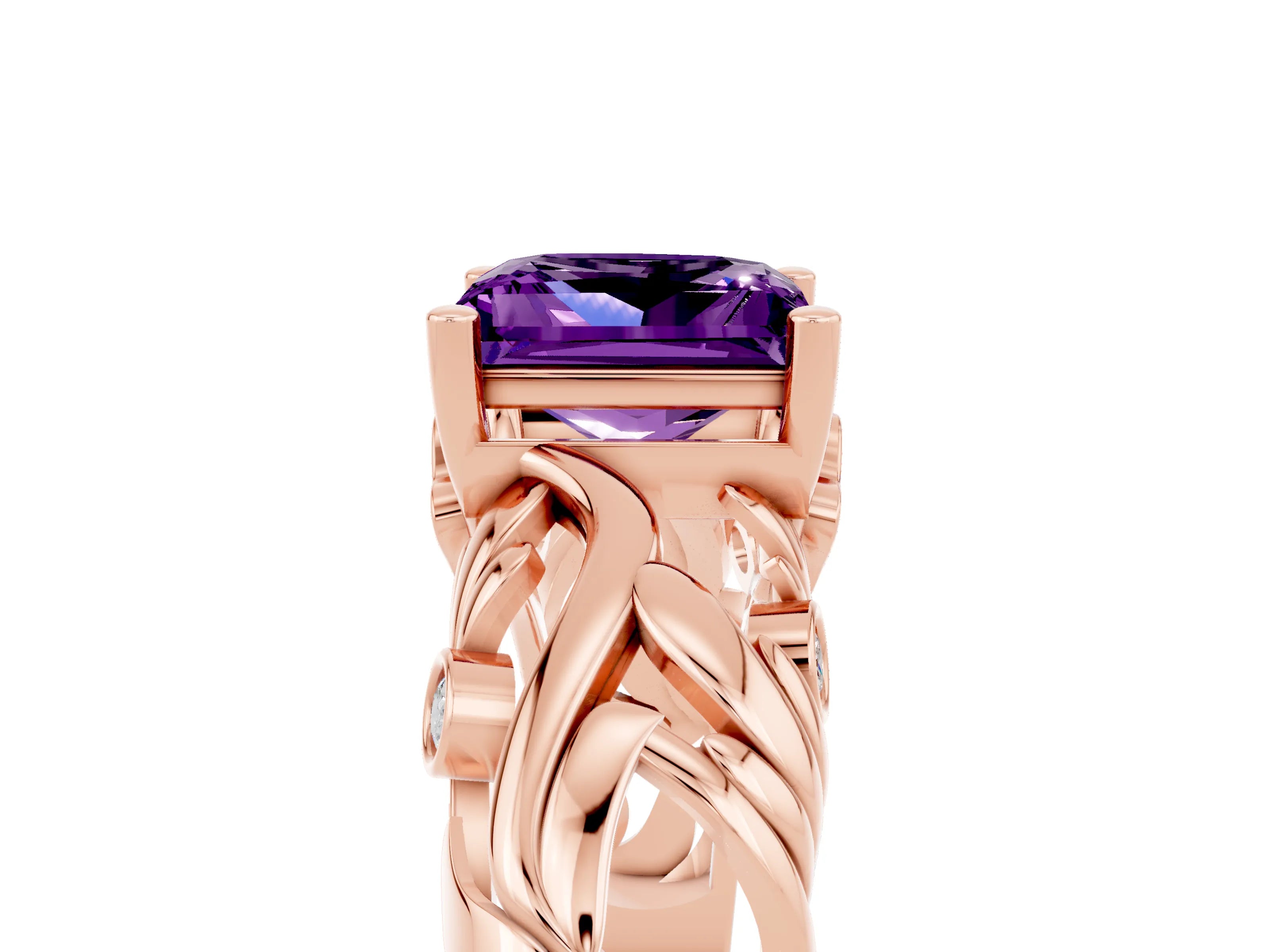 Rose gold Princess Cut Solitaire Amethyst Leaf-Inspired Vine Band Ring with Prong Setting_5