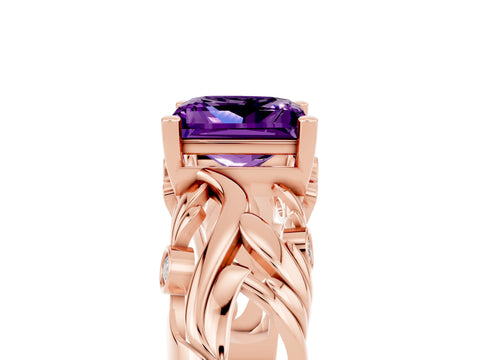 Rose gold Princess Cut Solitaire Amethyst Leaf-Inspired Vine Band Ring with Prong Setting_5