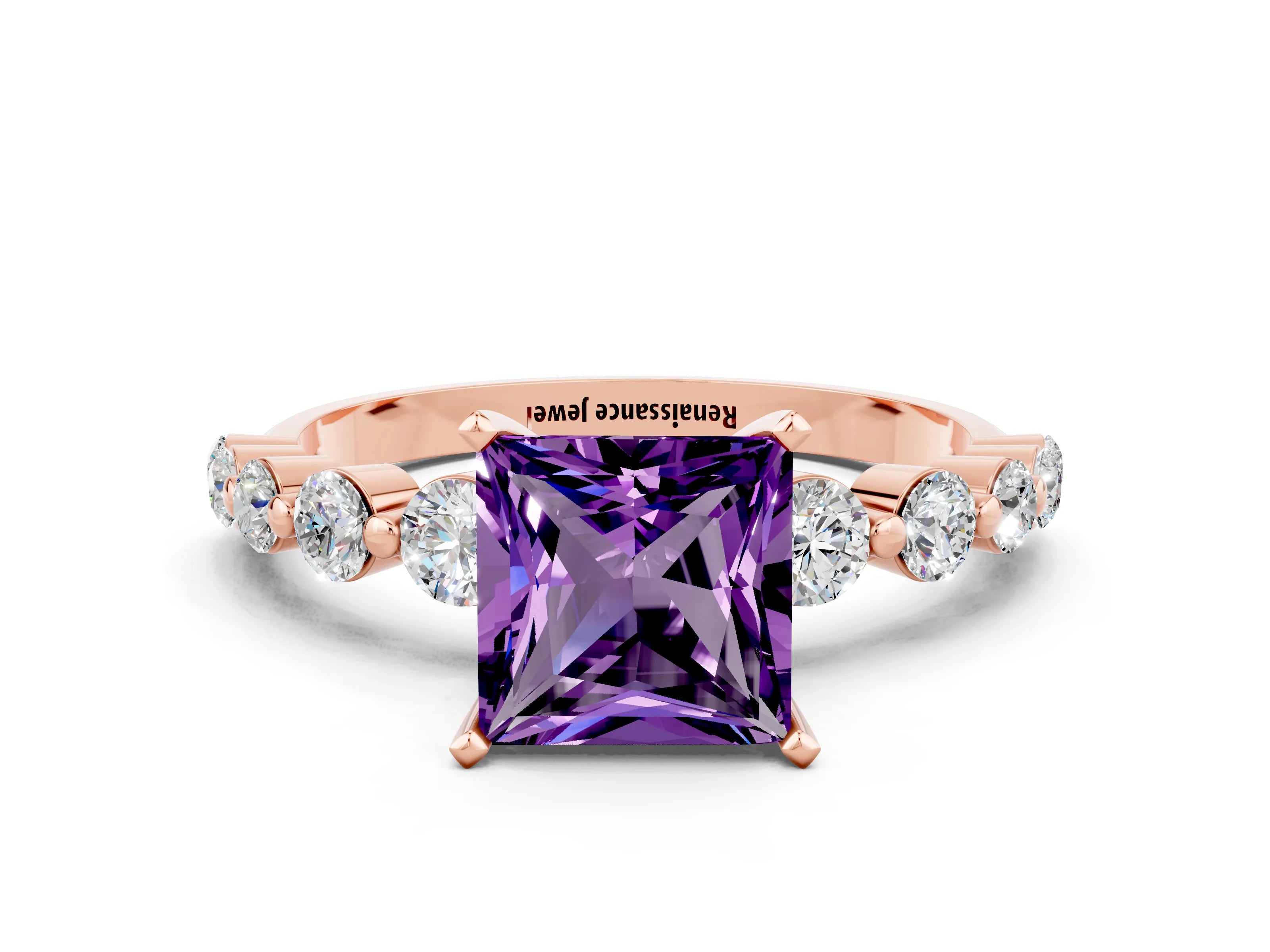 Rose gold Princess Cut Solitaire Amethyst Ring with Pave Band and Four-Prong Setting