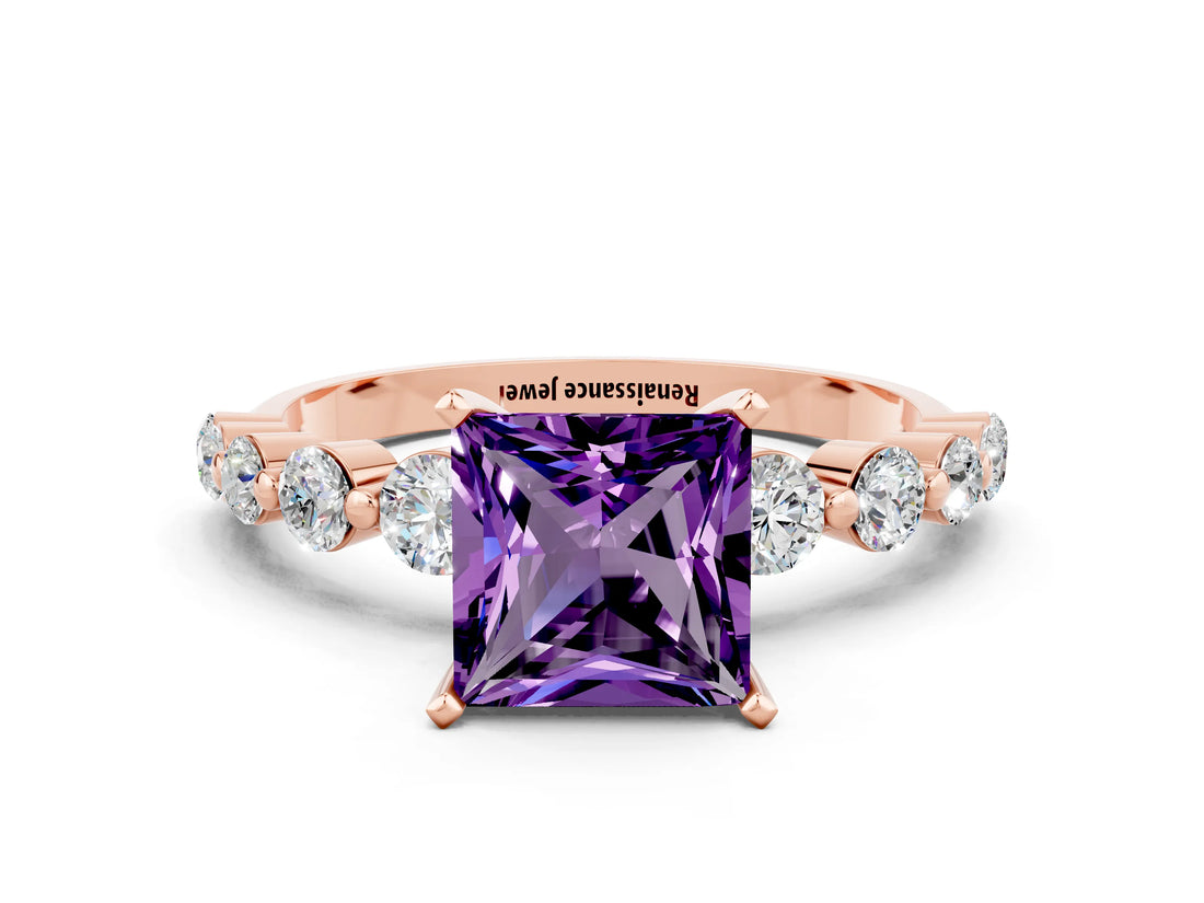 Rose gold Princess Cut Solitaire Amethyst Ring with Pave Band and Four-Prong Setting
