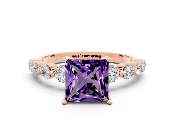Rose gold Princess Cut Solitaire Amethyst Ring with Pave Band and Four-Prong Setting